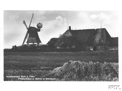 Friesenhaus und M&uuml;hle in Boldixum, ca. 1931